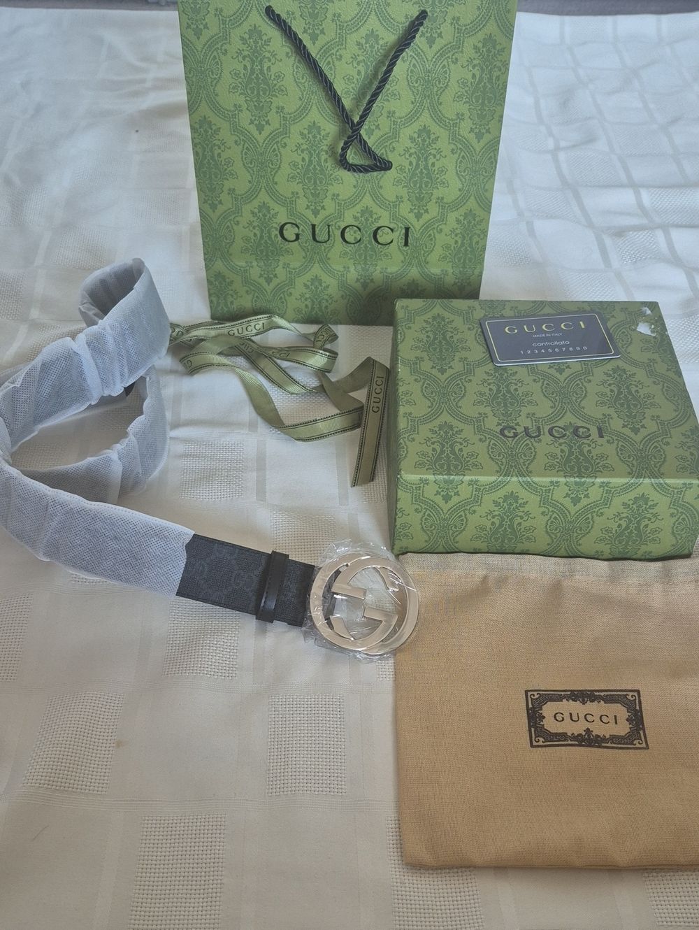 Gucci Monogram Black & Gray Leather Men's Belt with Silver Interlocking G Buckle